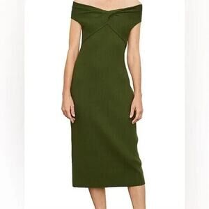 Vince Ribbed Twist Midi Dress Womens Size Small Olive Green Off Shoulder Stretch
